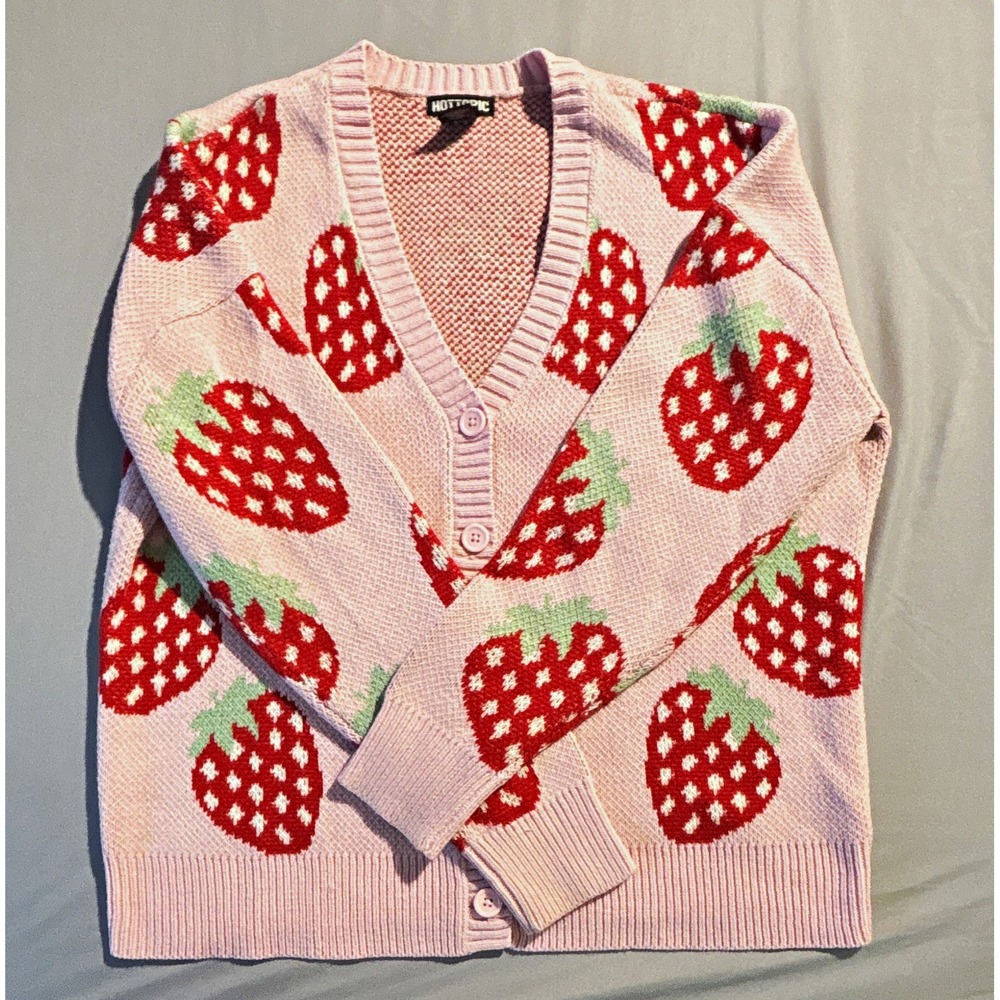 Hot Topic Womens Strawberry Cardigan Pink Red Knit V-Neck Sweater MD 17483717